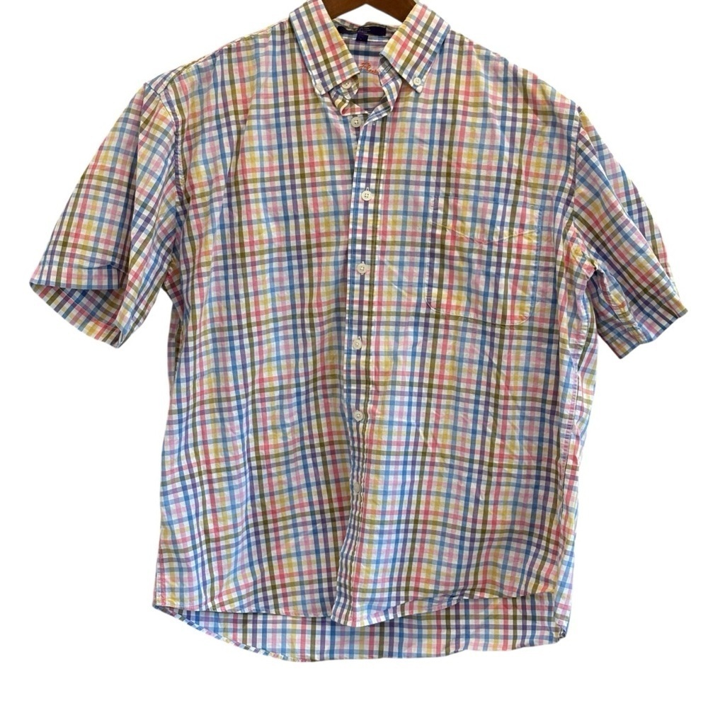 Alan Flusser Plaid Check Short Sleeve Shirt Men Large 100% Cotton Button Front